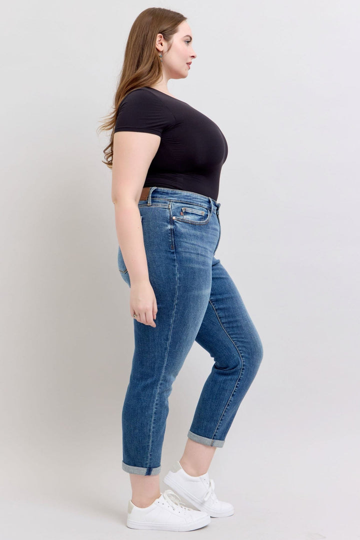 Judy Blue Mid Rise Washed Cuffed Hem Boyfriend Jeans