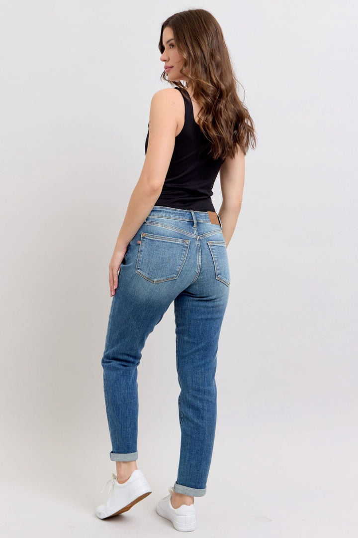 Judy Blue Mid Rise Washed Cuffed Hem Boyfriend Jeans