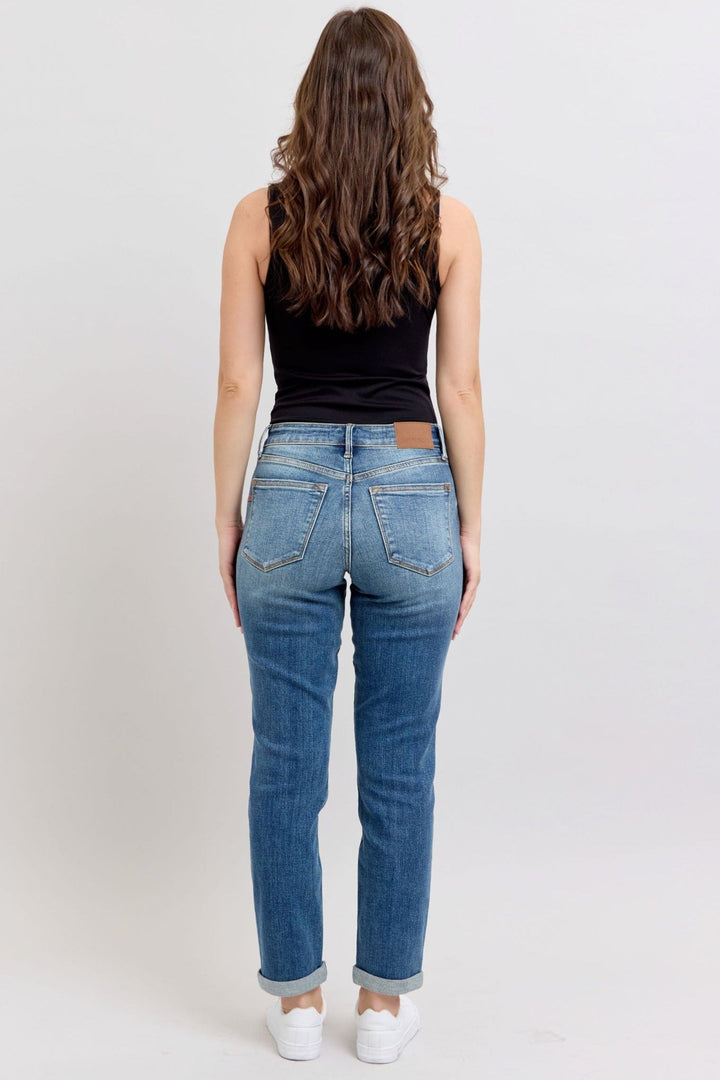 Judy Blue Mid Rise Washed Cuffed Hem Boyfriend Jeans