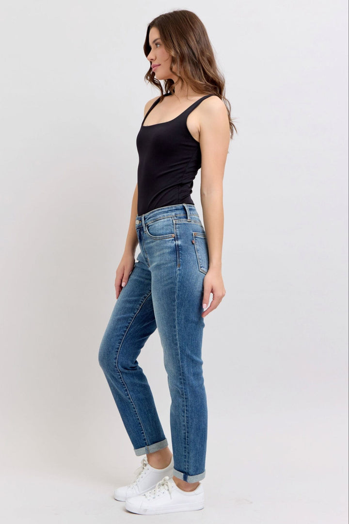 Judy Blue Mid Rise Washed Cuffed Hem Boyfriend Jeans