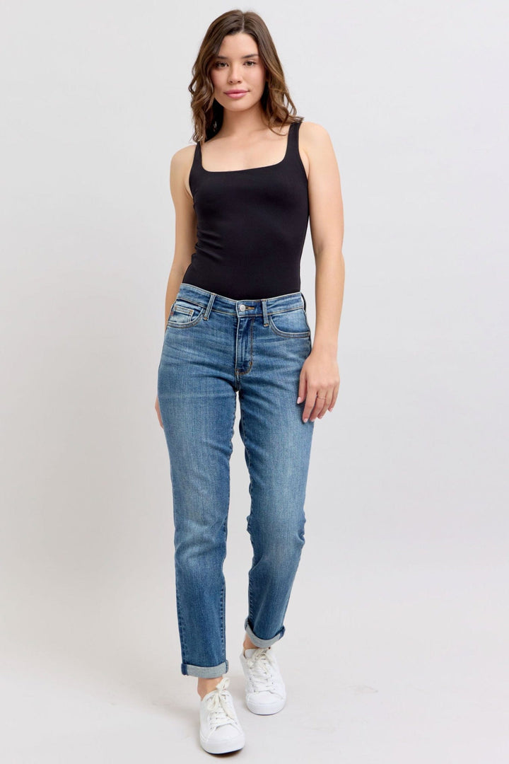 Judy Blue Mid Rise Washed Cuffed Hem Boyfriend Jeans