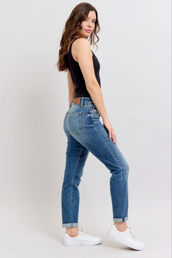 Judy Blue Mid Rise Washed Cuffed Hem Boyfriend Jeans