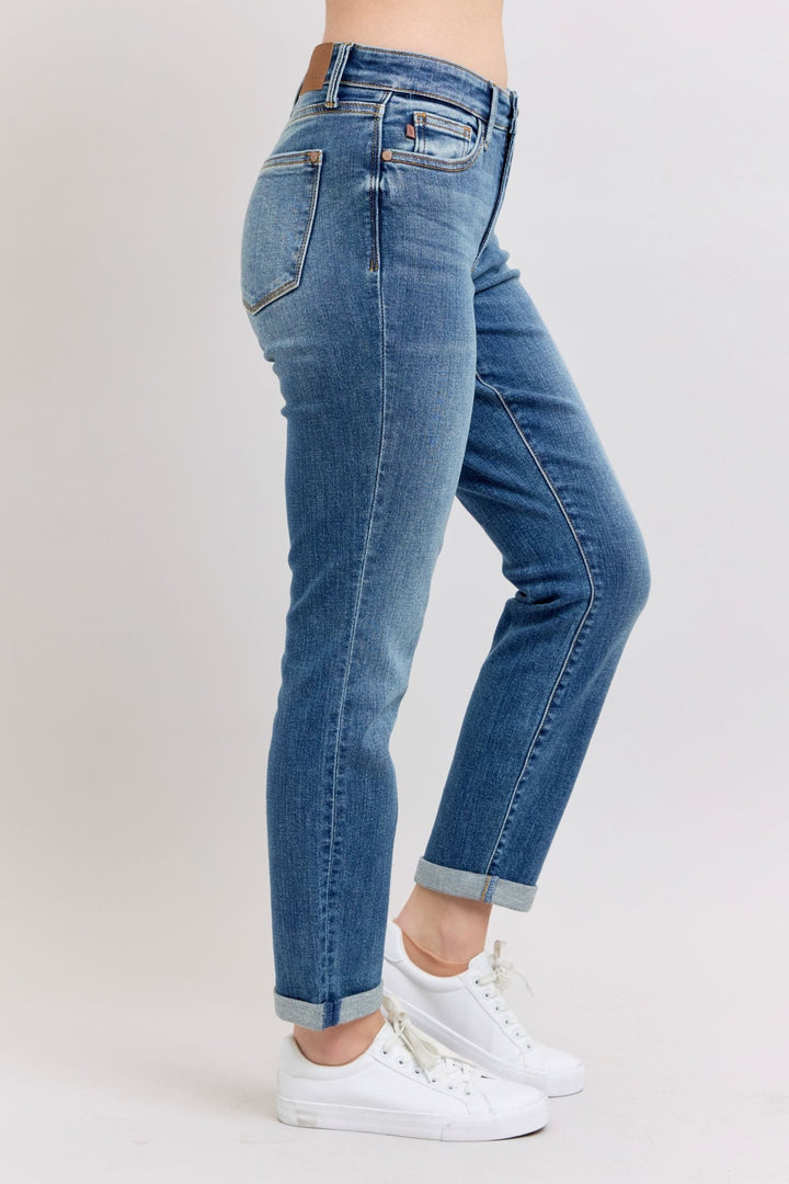 Judy Blue Mid Rise Washed Cuffed Hem Boyfriend Jeans