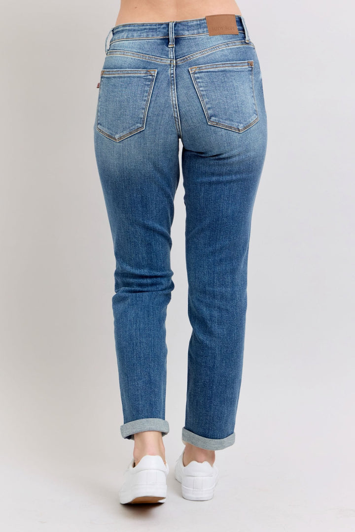 Judy Blue Mid Rise Washed Cuffed Hem Boyfriend Jeans