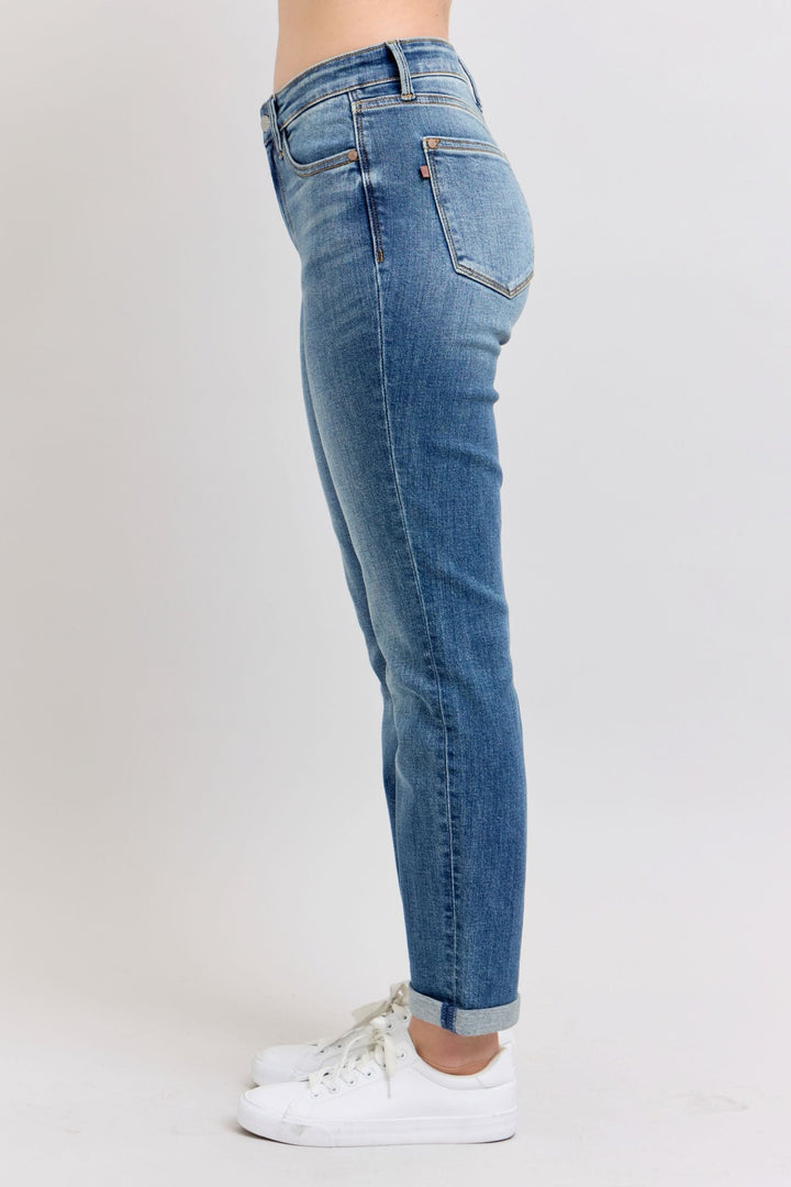 Judy Blue Mid Rise Washed Cuffed Hem Boyfriend Jeans