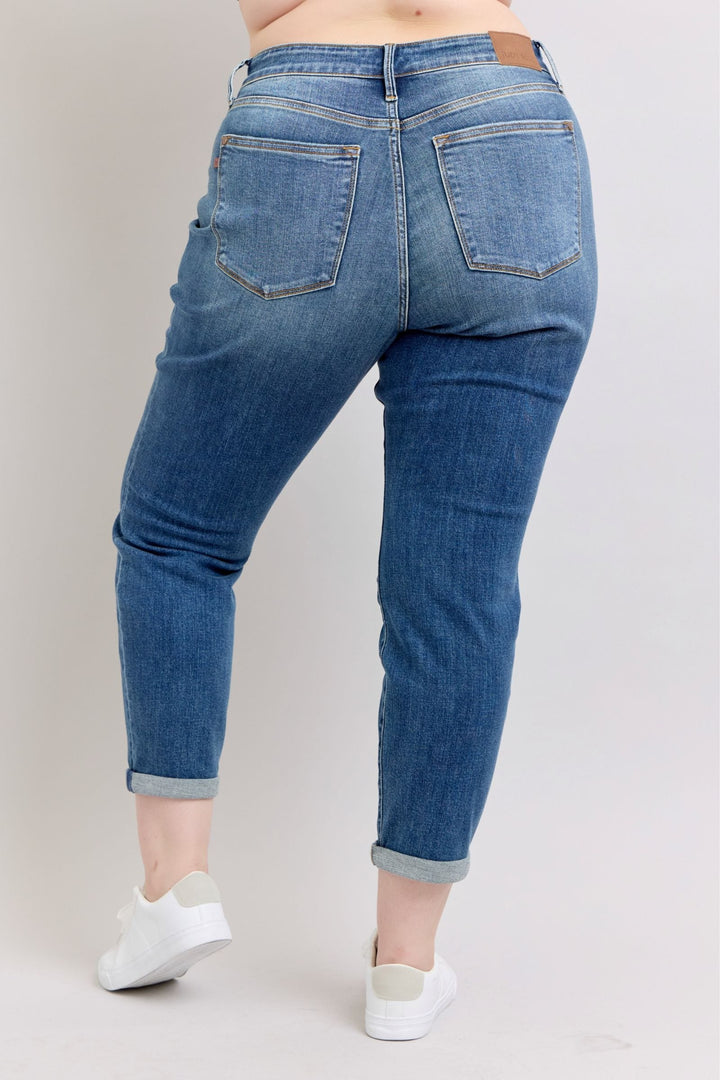 Judy Blue Mid Rise Washed Cuffed Hem Boyfriend Jeans