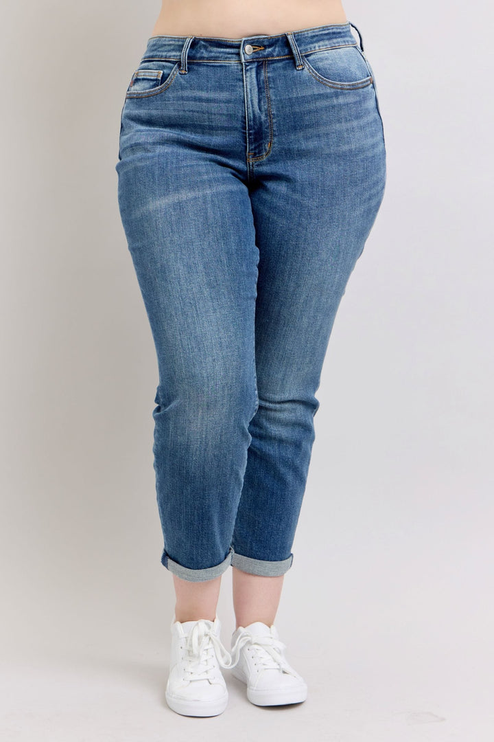 Judy Blue Mid Rise Washed Cuffed Hem Boyfriend Jeans