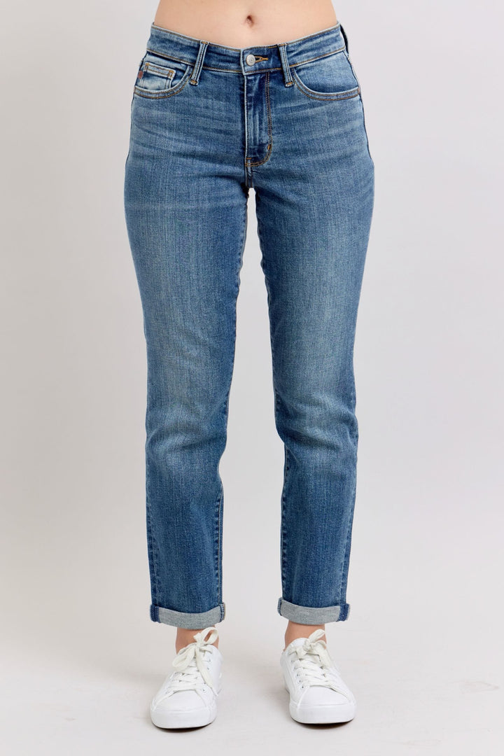 Judy Blue Mid Rise Washed Cuffed Hem Boyfriend Jeans