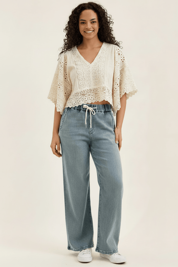 Judy Blue Wilhelmina Baggy Drawstring Waist Cozy Knit Denim Jeans