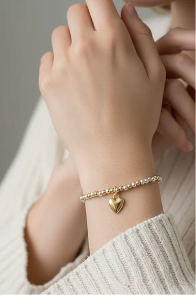 Kapoia Mix Metal Stretchy Beaded Bracelet with Simple Heart Charm