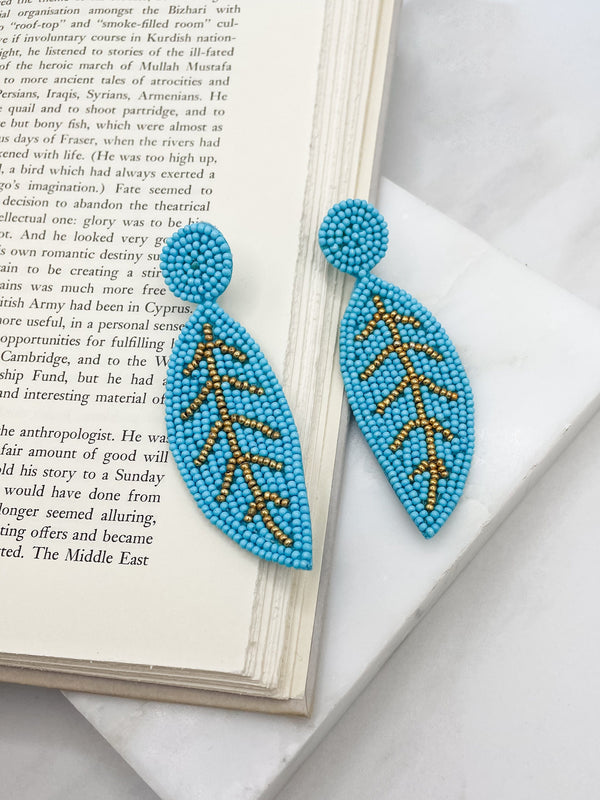Large Seed Bead Felt Back Leaf Earrings with Gold Detailing