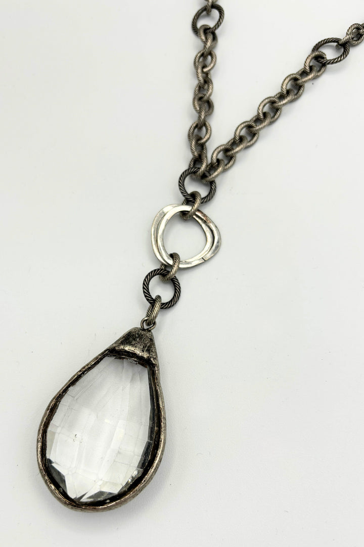 Large Soldered Refracting Teardrop Glass Pendant on Long Mixed Etched Cable Chain