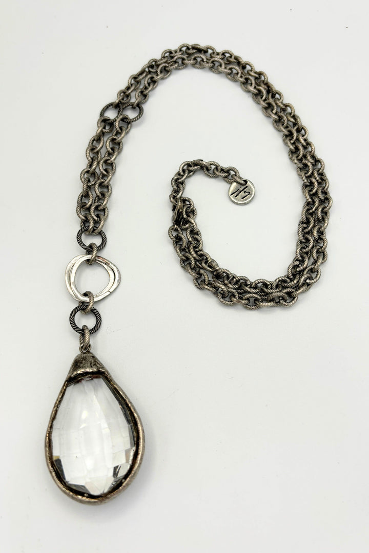 Large Soldered Refracting Teardrop Glass Pendant on Long Mixed Etched Cable Chain