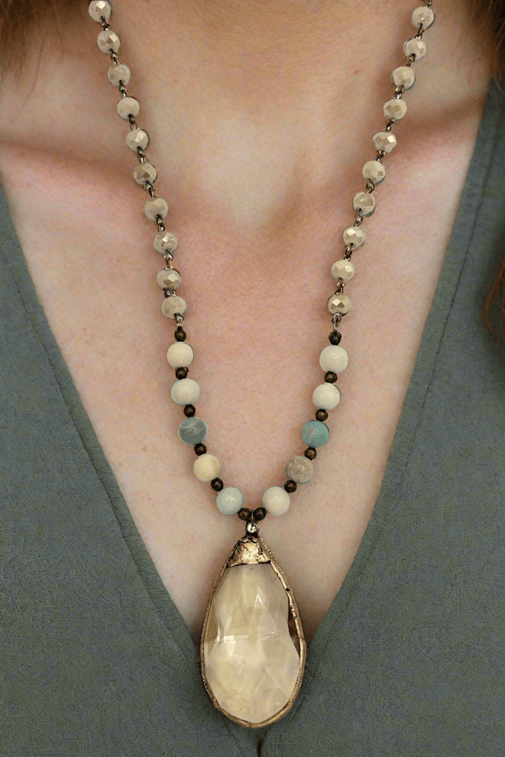 Large Teardrop Centerpiece Genuine Stone Accented Beaded Long Necklace