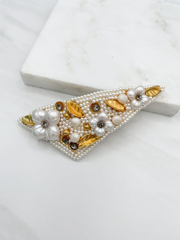 Large Vintage French Gold and Pearl Floral Hair Barrette