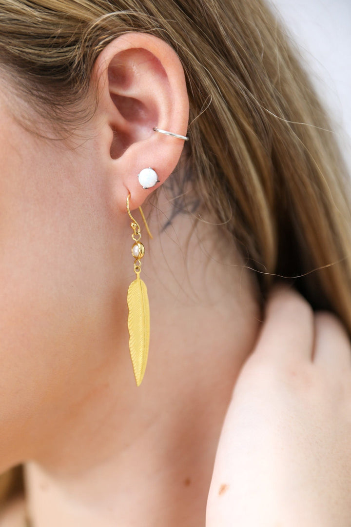 Lark Handmade Earrings with Feather and Small Pearl
