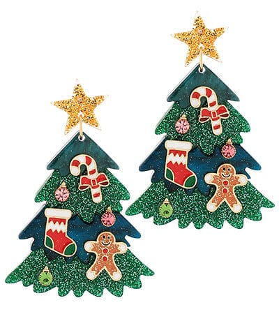 Layered Christmas Tree with Glitter Enamel Ornaments Dangle Earrings