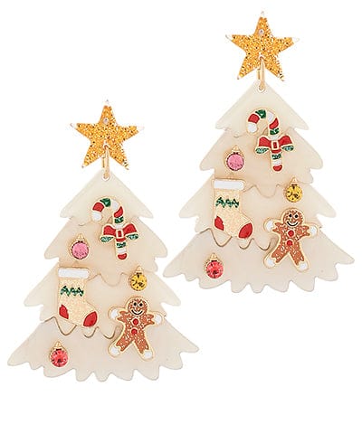 Layered Christmas Tree with Glitter Enamel Ornaments Dangle Earrings