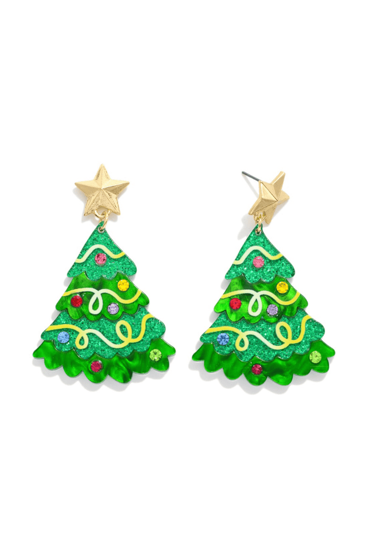 Layered Glitter Acrylic Christmas Tree Earrings with Star Posts