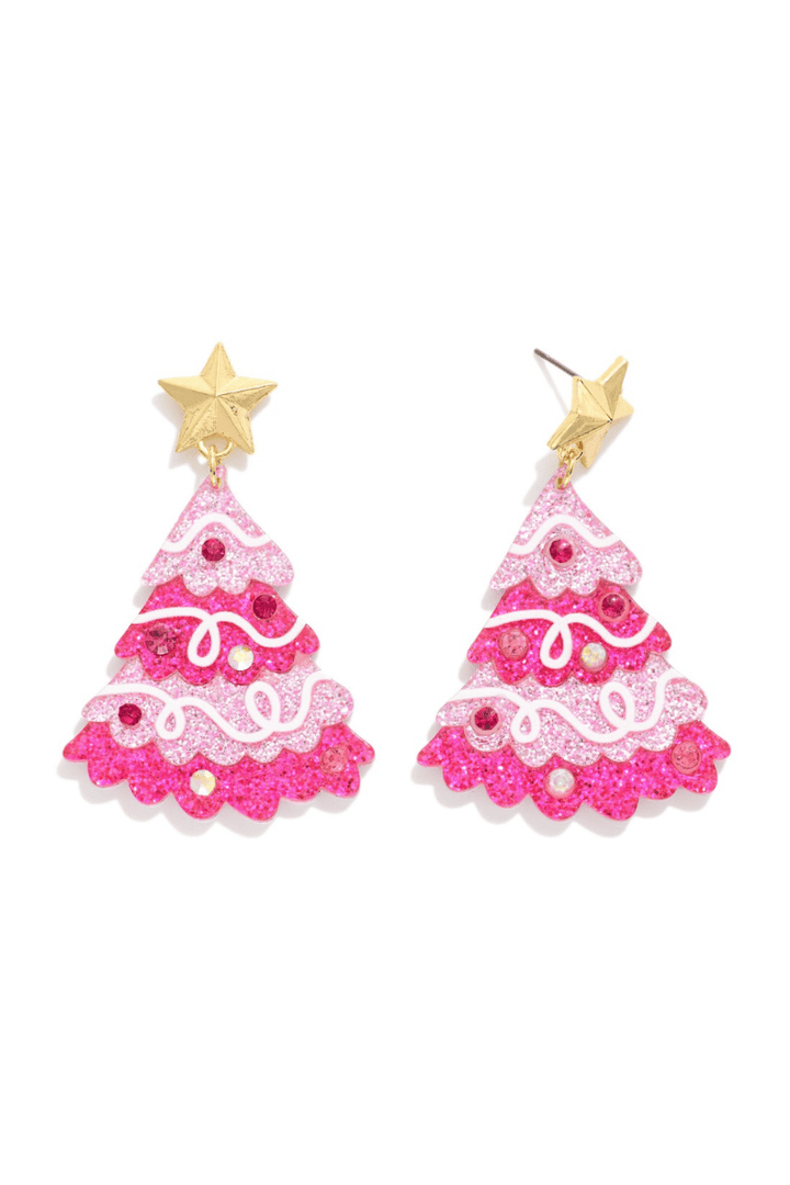 Layered Glitter Acrylic Christmas Tree Earrings with Star Posts