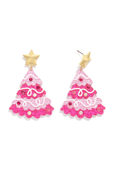 Layered Glitter Acrylic Christmas Tree Earrings with Star Posts