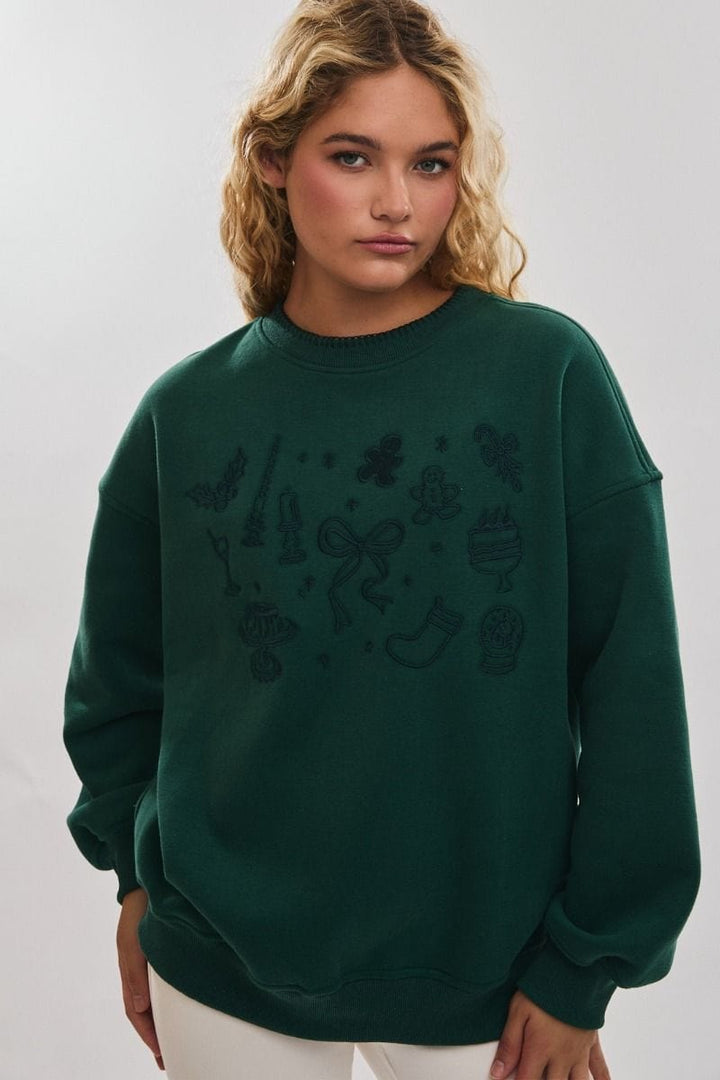 Le Lis Christmas Embroidered Graphic Solid Crewneck Sweatshirt