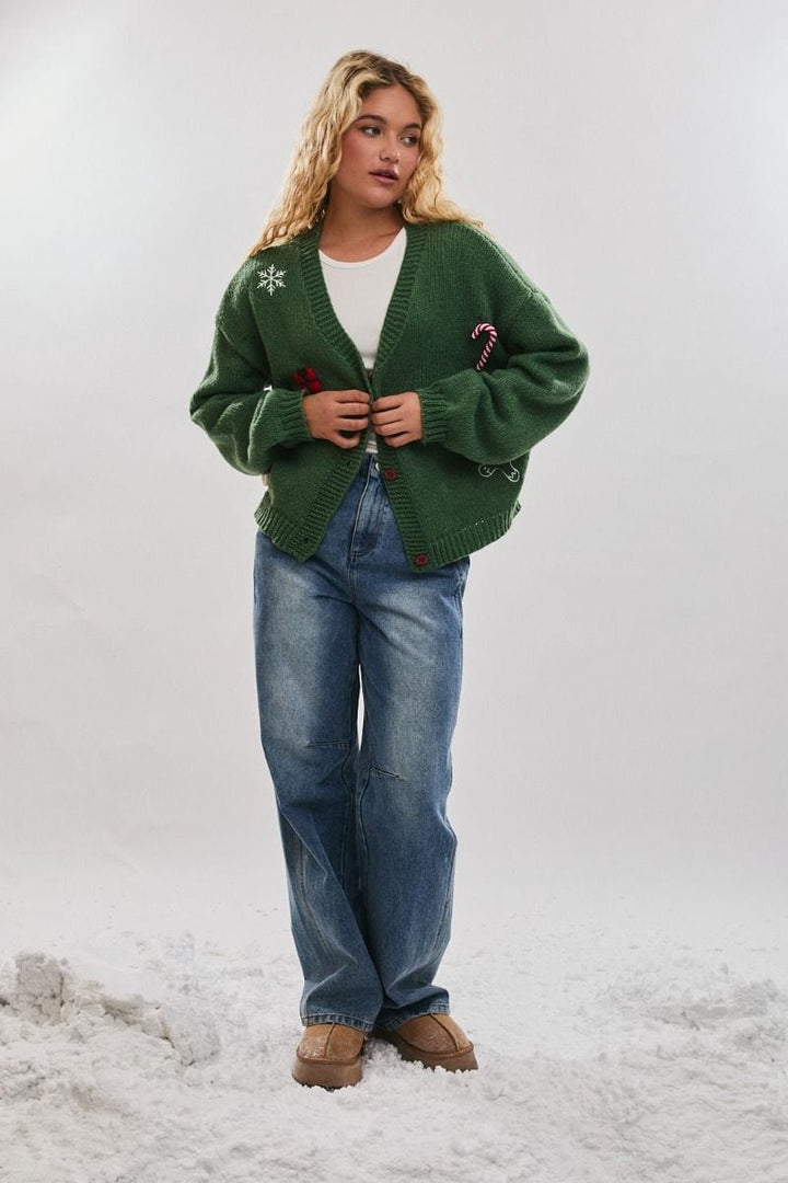 Le Lis Embroidered and Embellished Button Up Christmas Cardigan