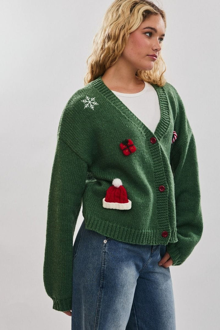 Le Lis Embroidered and Embellished Button Up Christmas Cardigan
