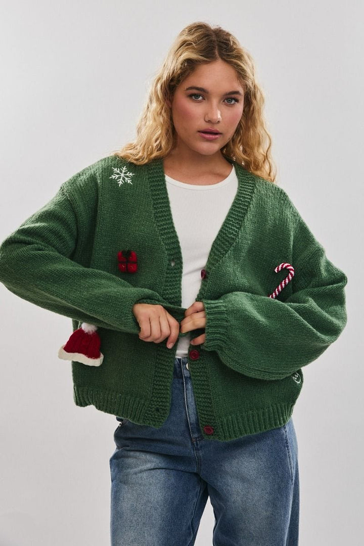 Le Lis Embroidered and Embellished Button Up Christmas Cardigan