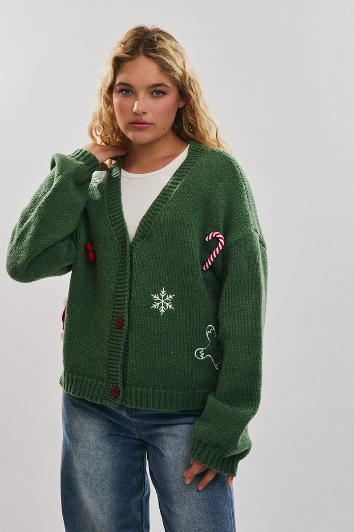 Le Lis Embroidered and Embellished Button Up Christmas Cardigan