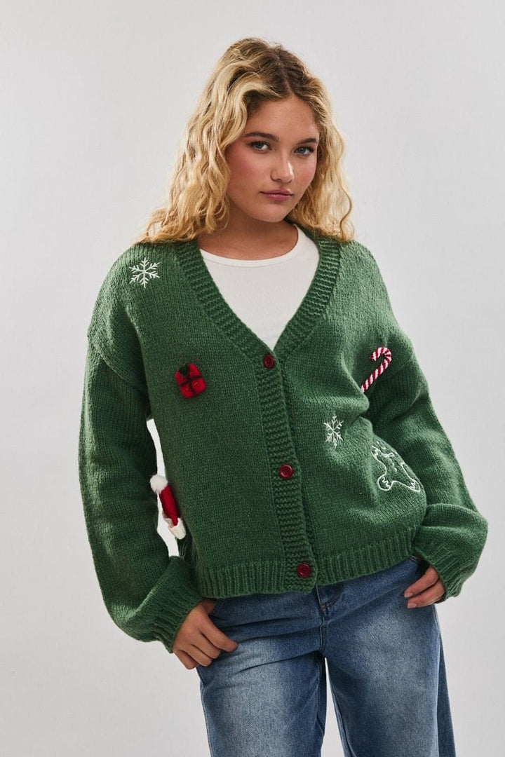 Le Lis Embroidered and Embellished Button Up Christmas Cardigan