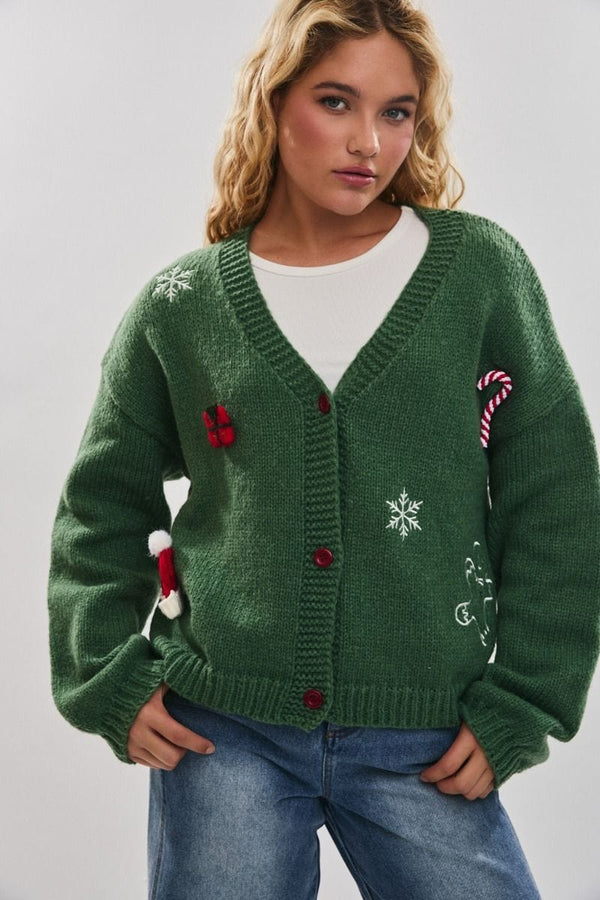 Le Lis Embroidered and Embellished Button Up Christmas Cardigan