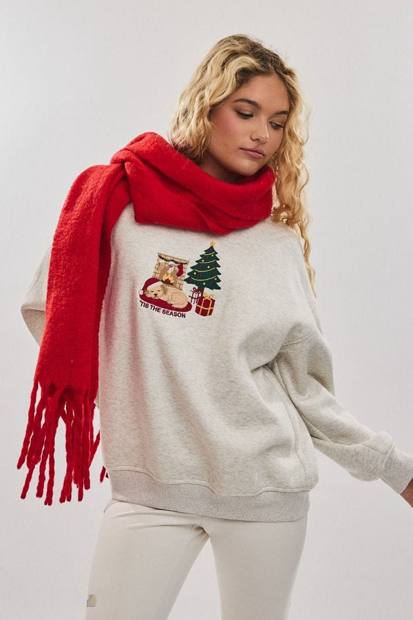 Le Lis "Tis the Season" Embroidered Holiday Graphic Crew Neck Sweatshirt