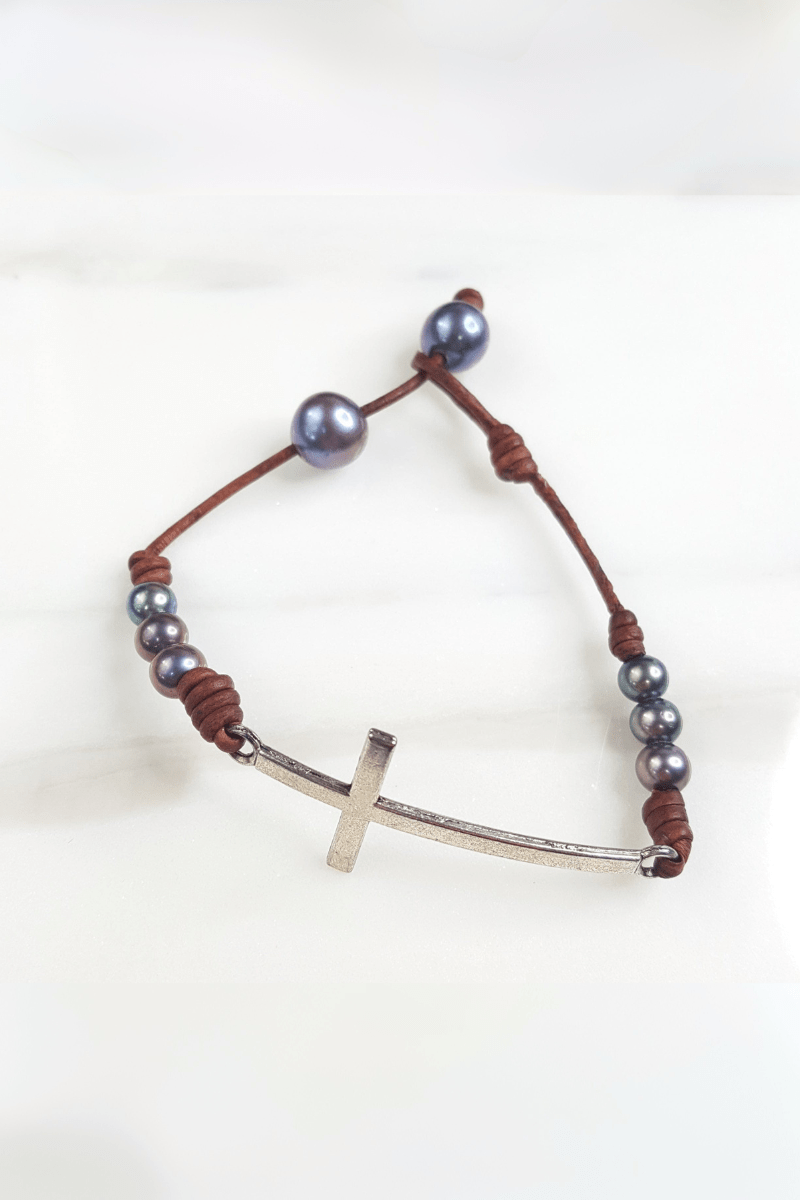 Leather and Mini Pearl Cross Bracelet with Pearl Closure