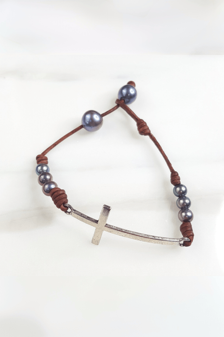 Leather and Mini Pearl Cross Bracelet with Pearl Closure