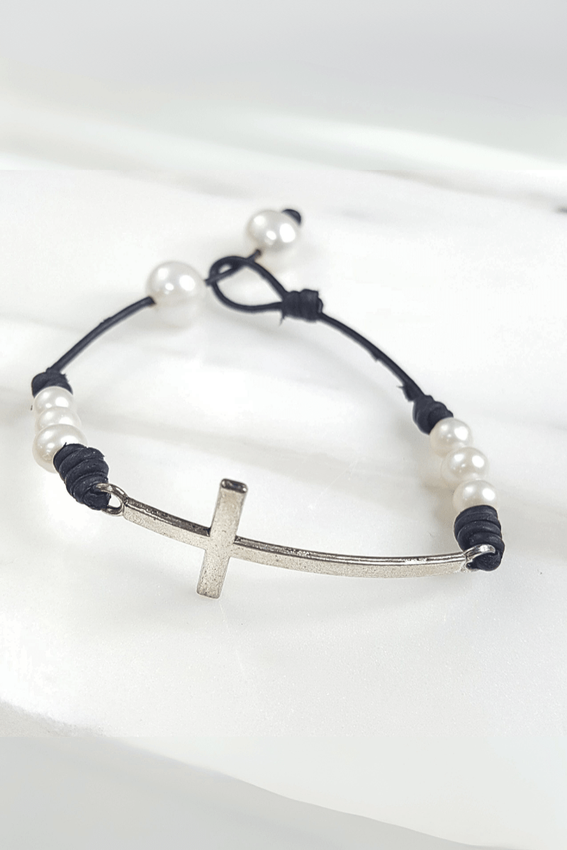 Leather and Mini Pearl Cross Bracelet with Pearl Closure