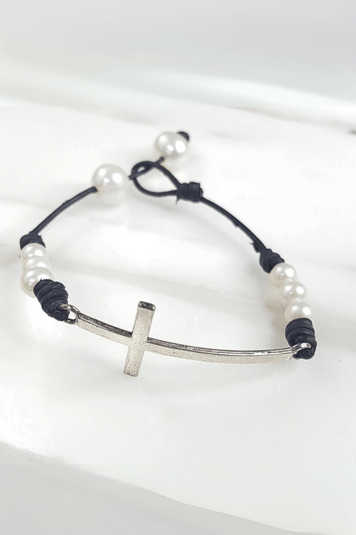 Leather and Mini Pearl Cross Bracelet with Pearl Closure