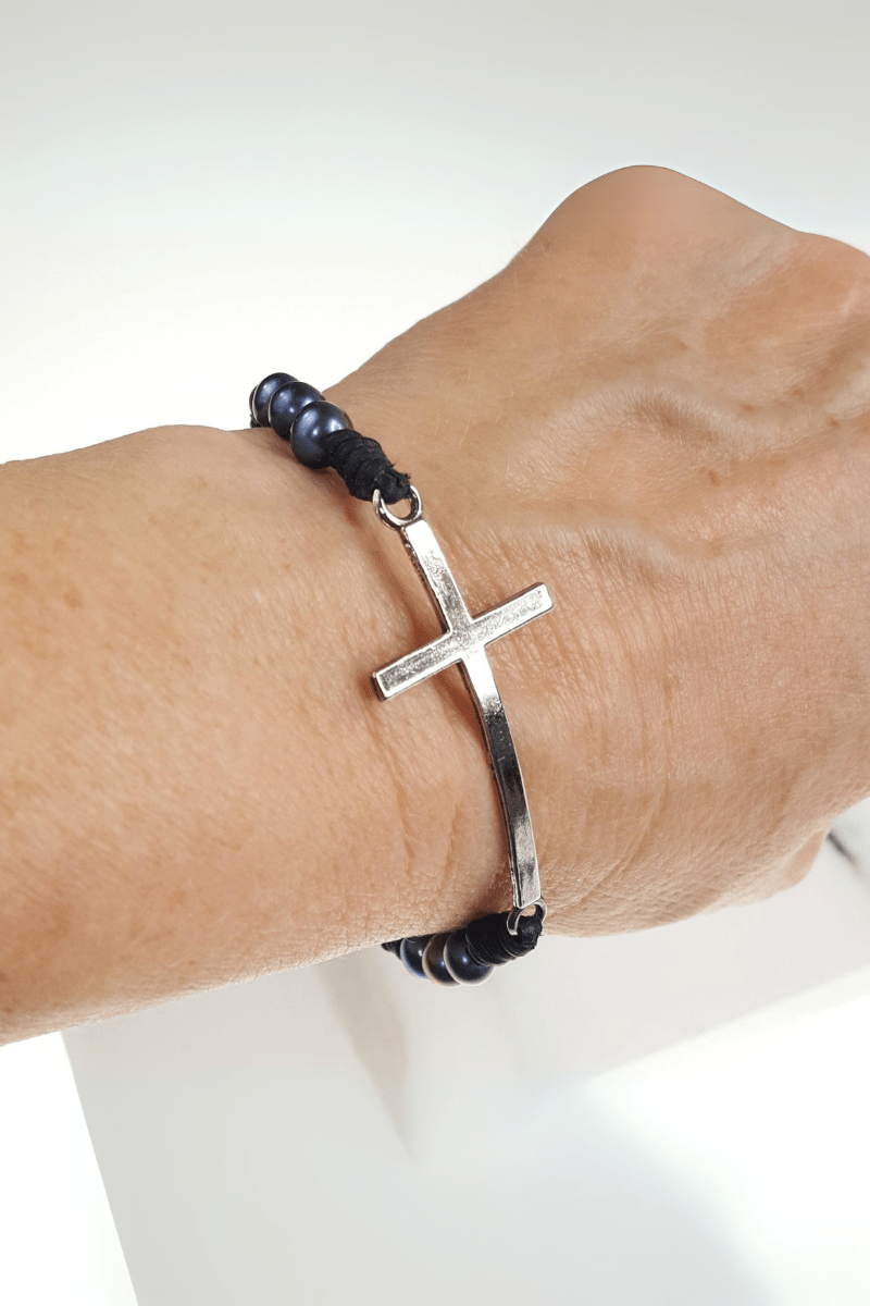 Leather and Mini Pearl Cross Bracelet with Pearl Closure