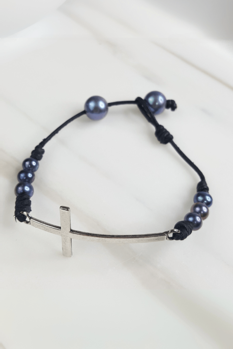 Leather and Mini Pearl Cross Bracelet with Pearl Closure