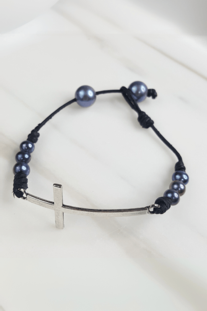 Leather and Mini Pearl Cross Bracelet with Pearl Closure