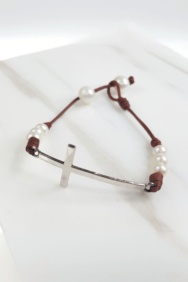 Leather and Mini Pearl Cross Bracelet with Pearl Closure