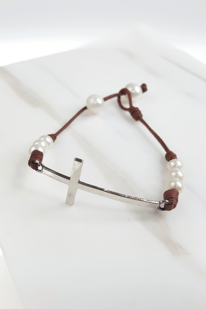 Leather and Mini Pearl Cross Bracelet with Pearl Closure