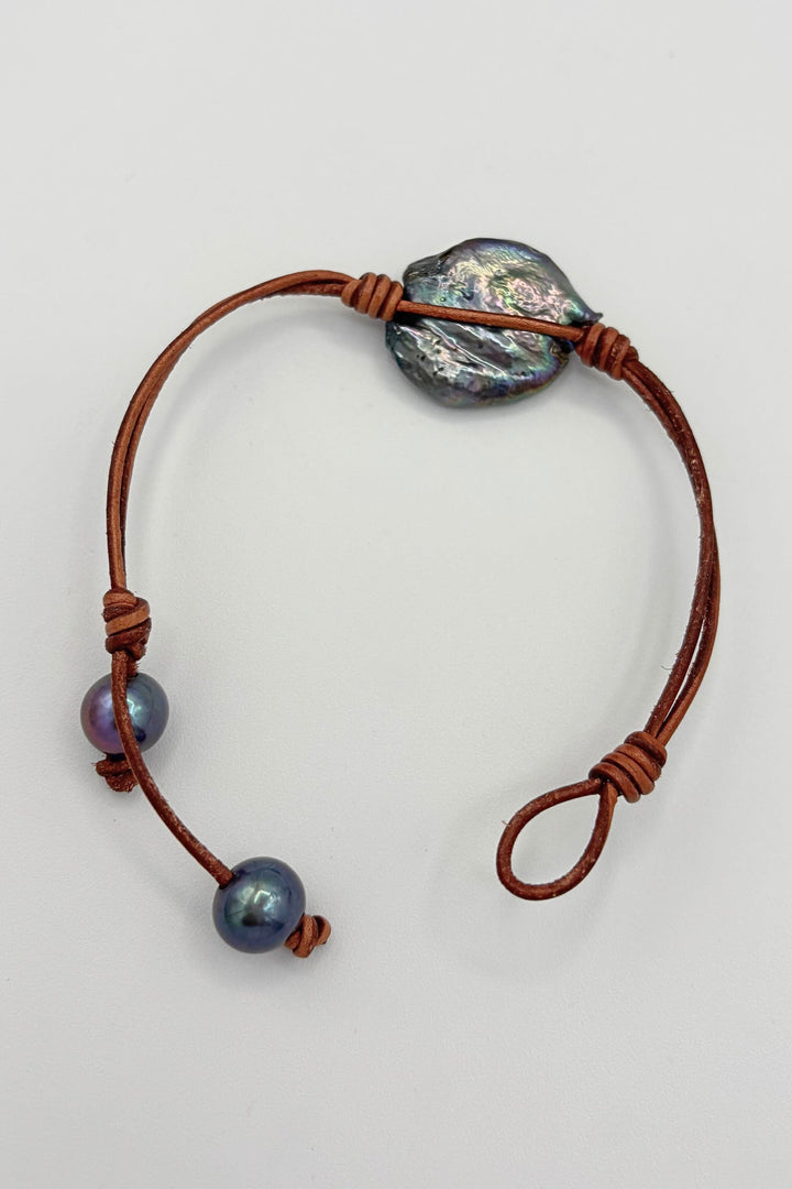 Leather Bracelet with Flat Biwa Pearl