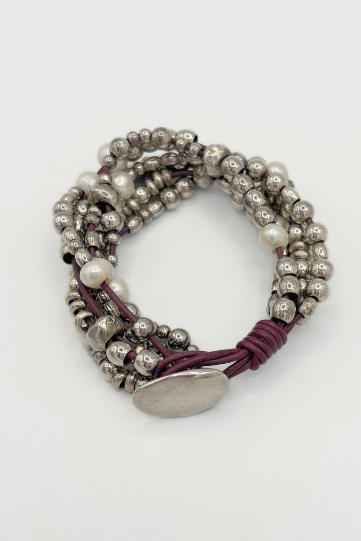 Leather Bracelet With Silver Beads And Pearls