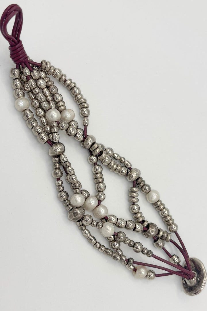 Leather Bracelet With Silver Beads And Pearls
