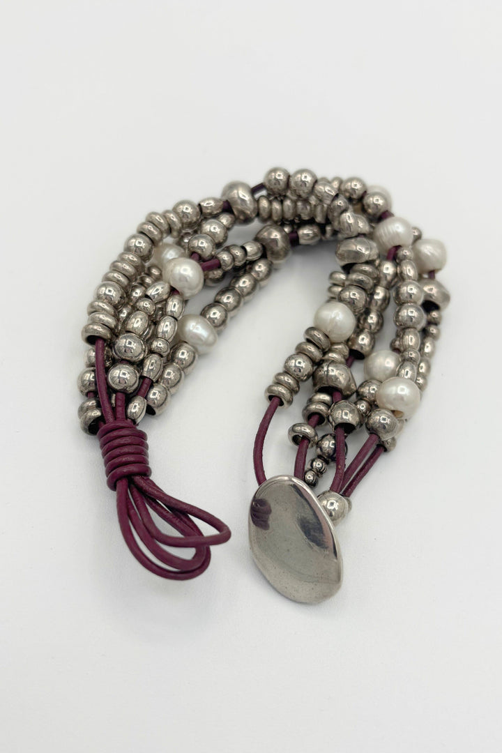 Leather Bracelet With Silver Beads And Pearls