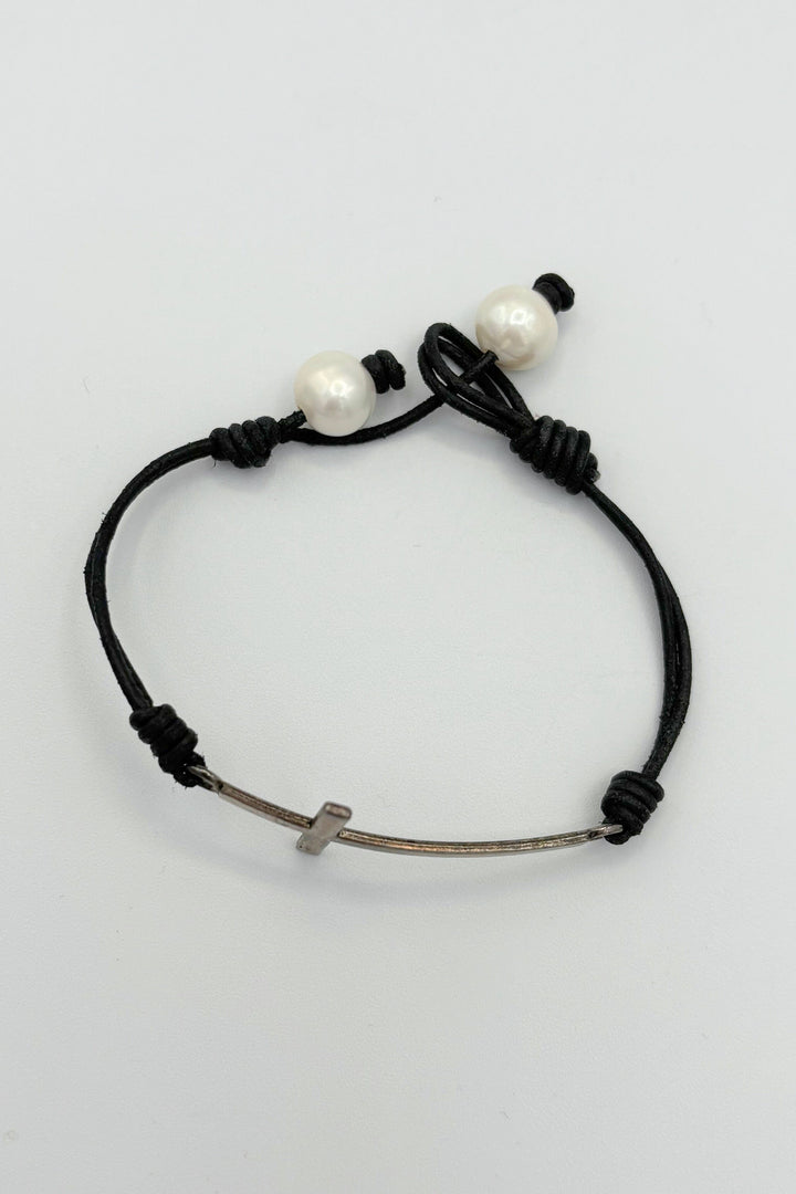 Leather Bracelet with Silver Cross and Pearls