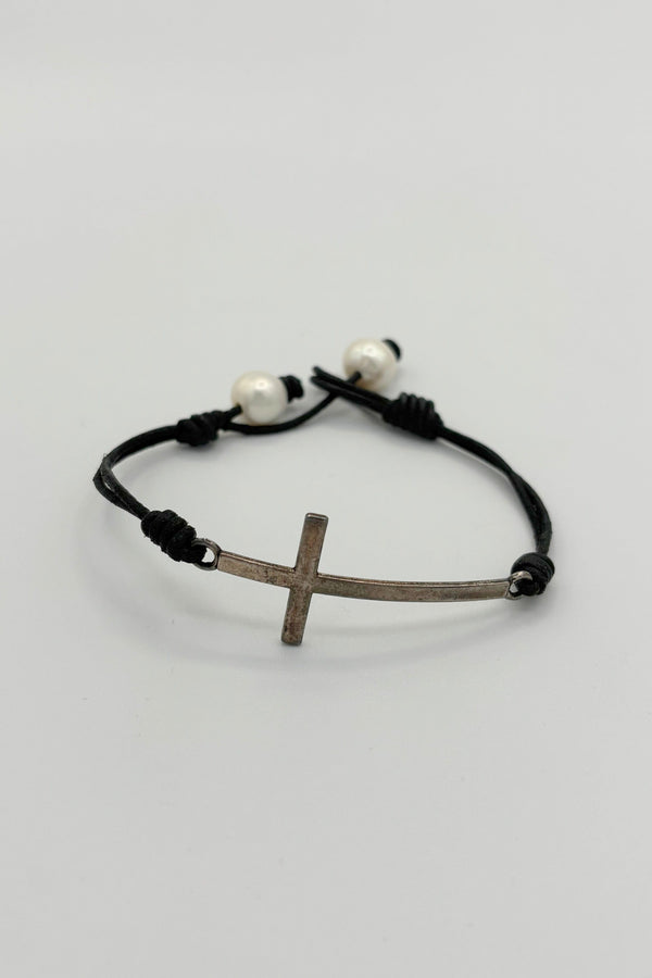 Leather Bracelet with Silver Cross and Pearls