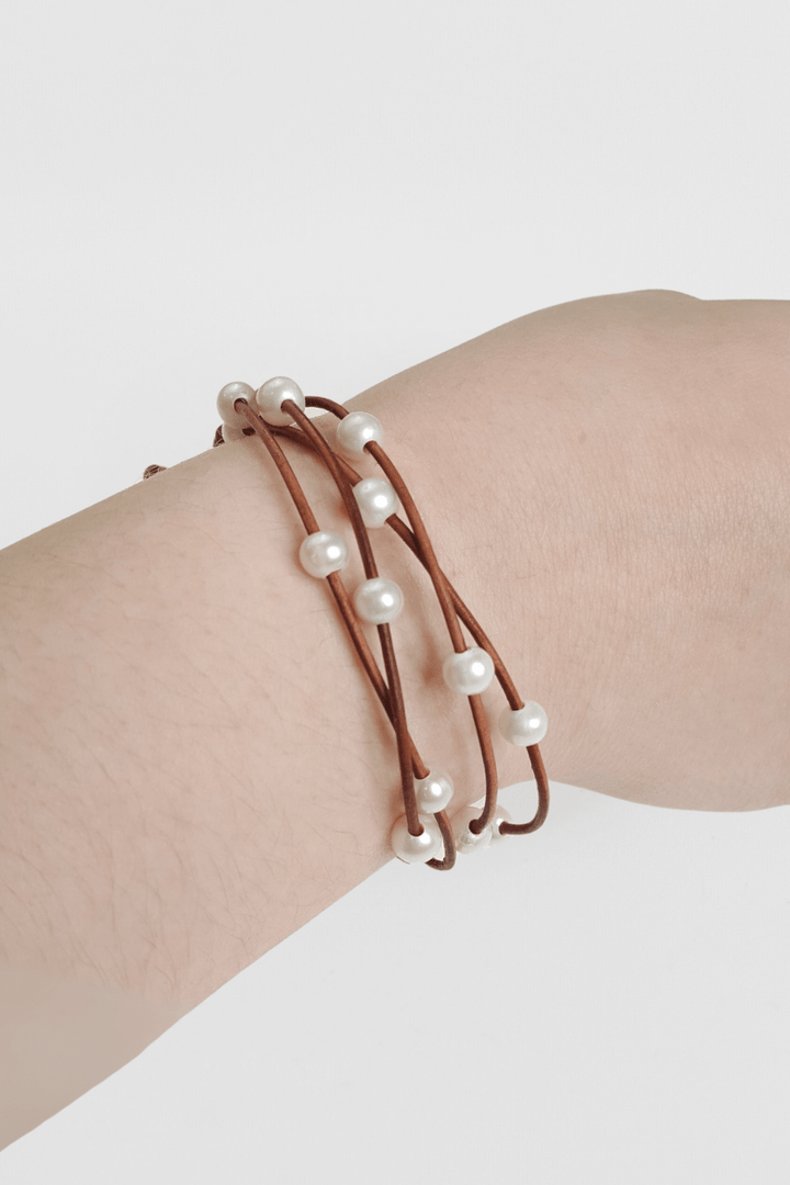 Leather Bracelet With Spaced  Freshwater Pearls