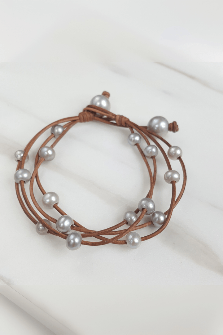 Leather Bracelet With Spaced  Freshwater Pearls